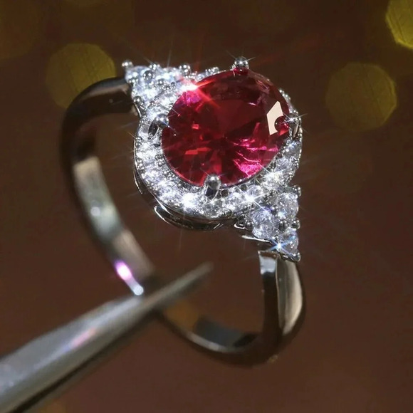 NEW 925 Sterling Silver Oval Ruby Round Diamond Halo Ring - Picture 4 of 8